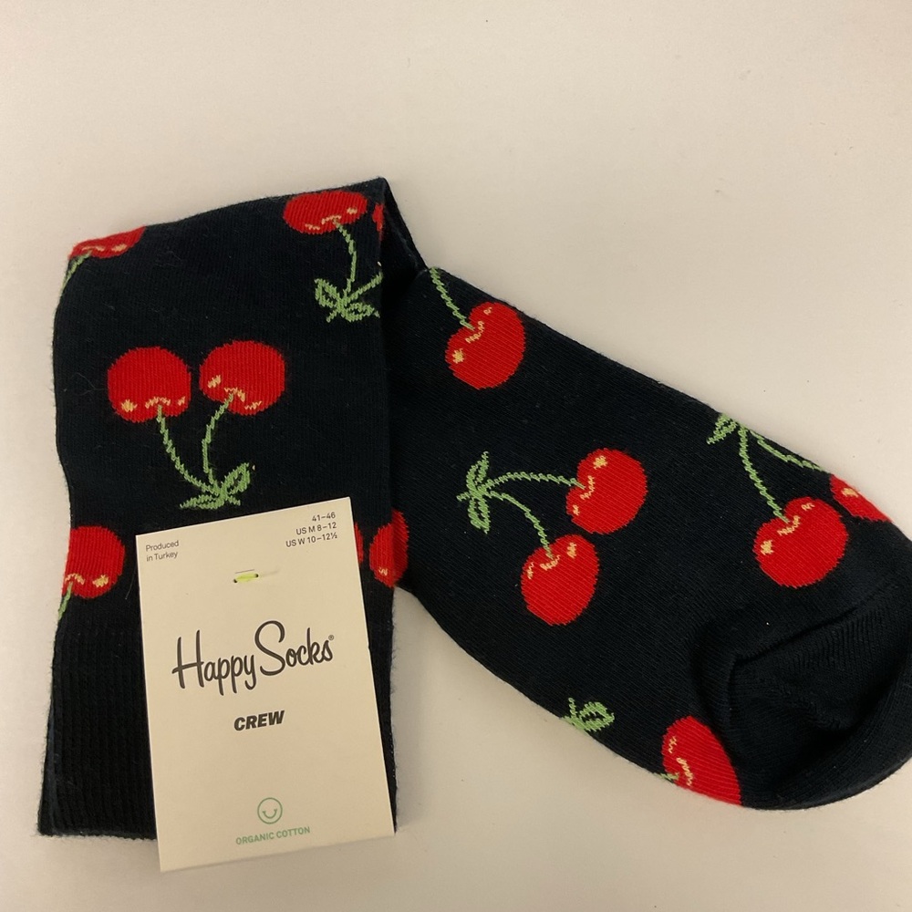 HAPPY SOCKS CHERRY PRINT COTTON BLEND SOCKS NAVY WITH RED OS NWT